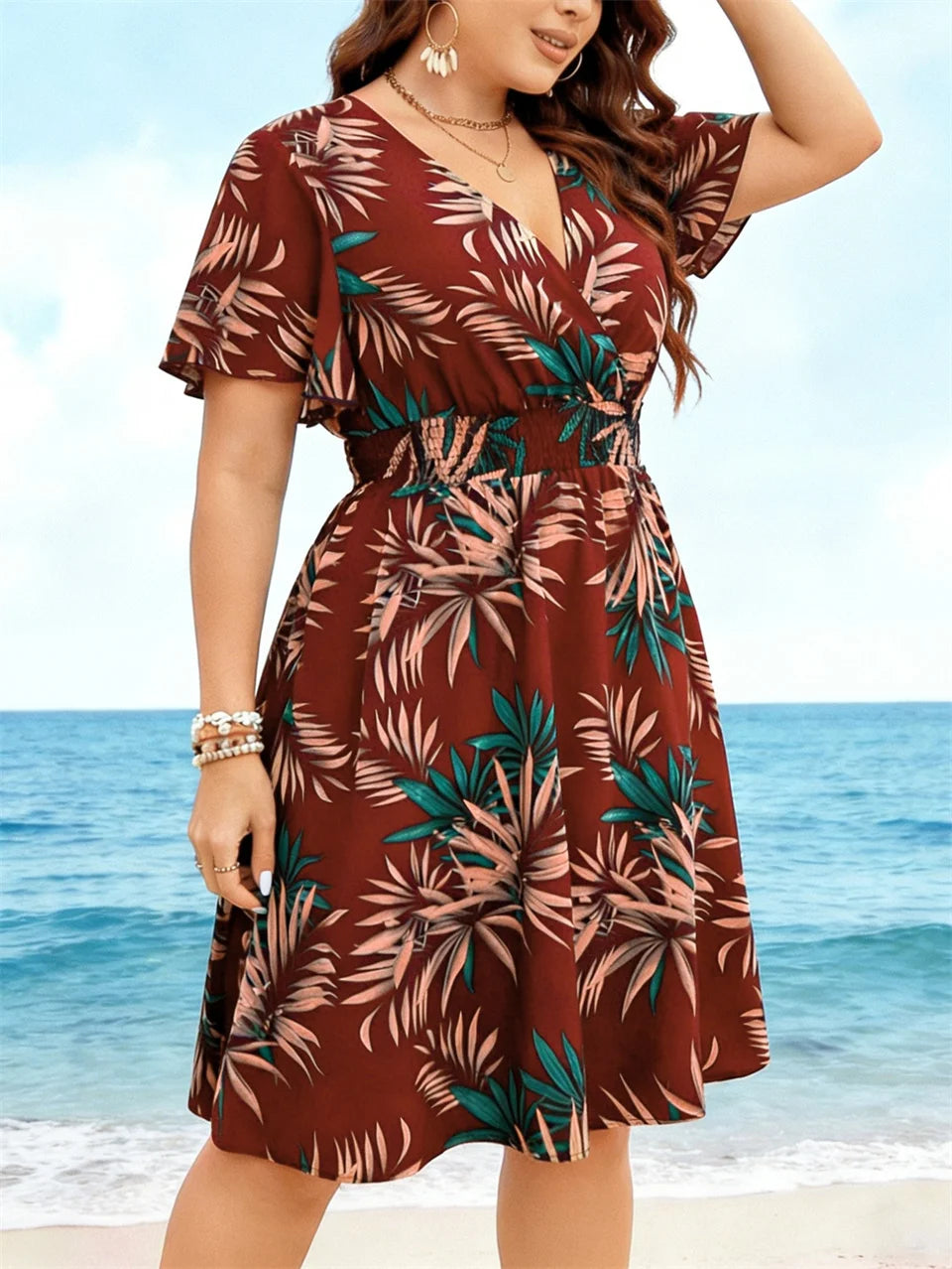 Tropical Print V-Neck Butterfly Sleeve Dress