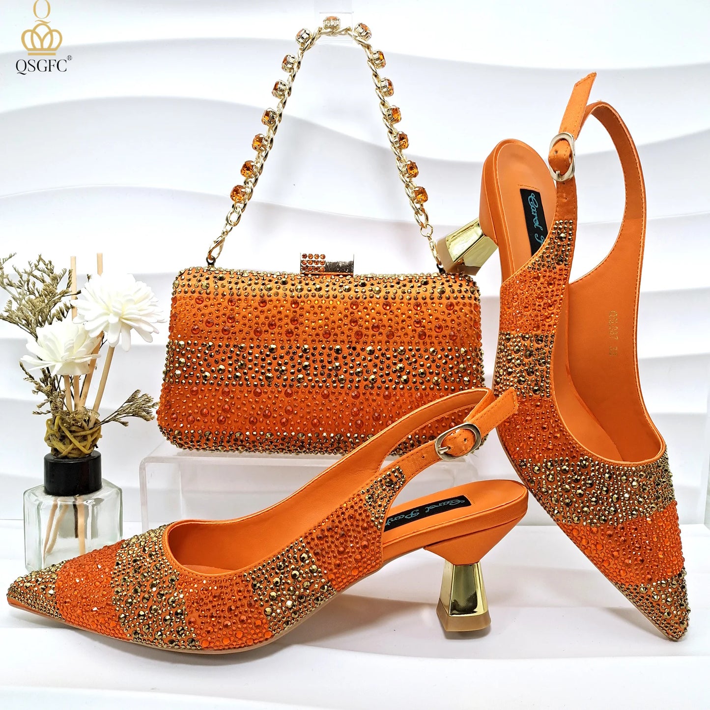 Italian Design Green Shoes And Bag Set Decorated with Rhinestone Handbag Wedding Party