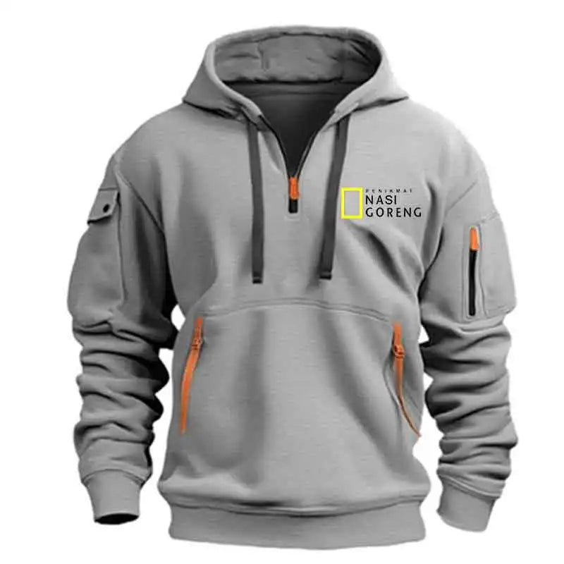 Half-zip Multi-pocket Pullover Sports Long-sleeve Hooded  Sweatshirt