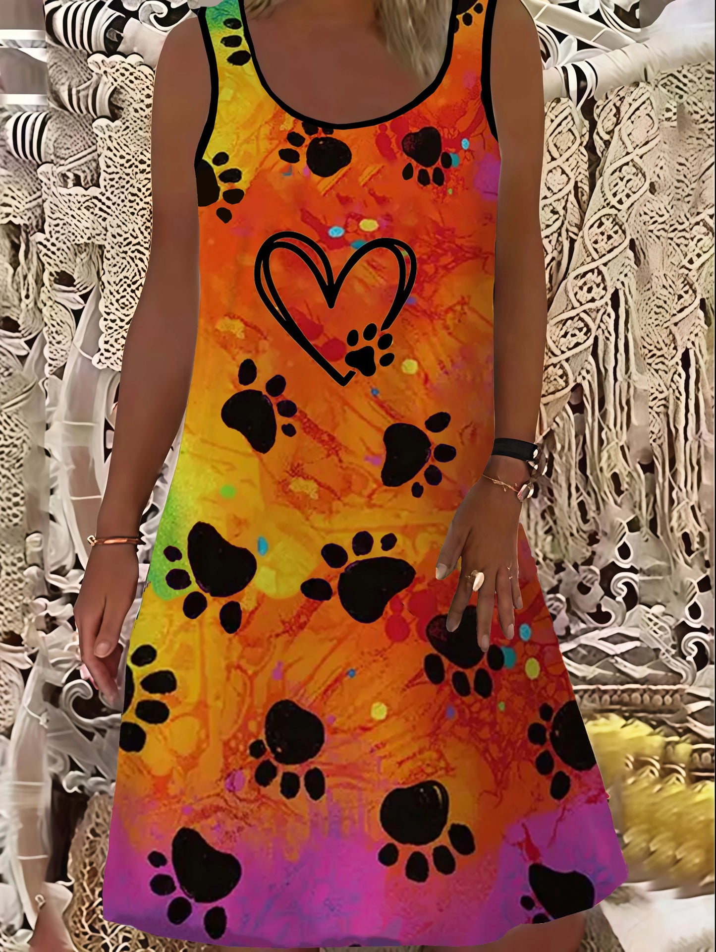 elegant round neck ethnic style print large size sleeveless women's dress