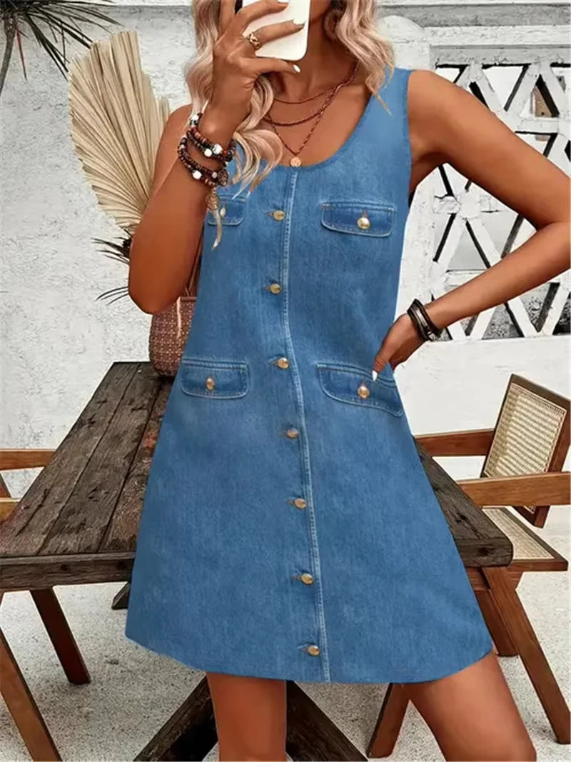 Fit Floral Sleeveless Crew Neck 3D Print Mock Pocket Dress Top