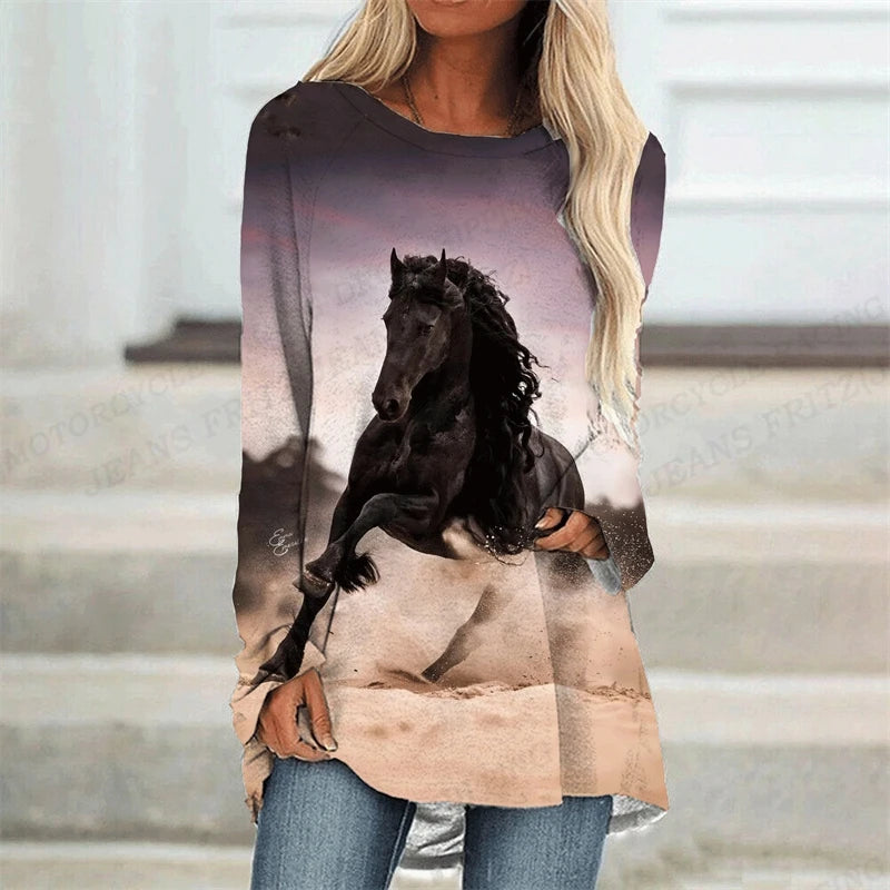 Horse T Shirt Long Sleeve Tops Tees Ladies