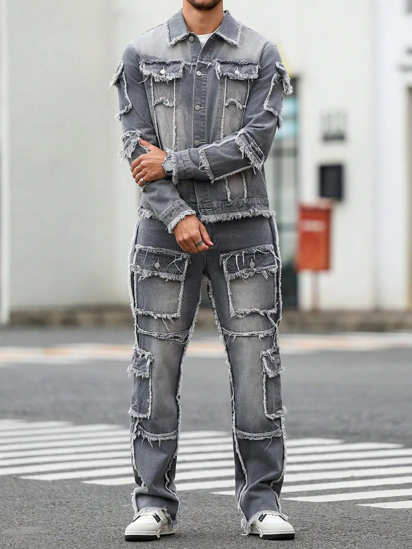 Men's Street Style Raw-Hem Grey Denim Set, a minimalist and fashionable two-piece