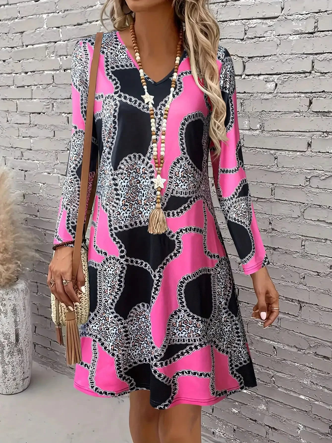 Long Sleeve  Scallop  Mini  V-neck Dress