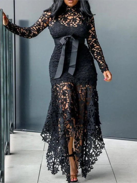 French Lace Bubble Sleeves Waist Cinching Slimming Dress Elegant Long Dress