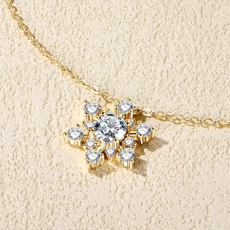 Round Cut Moissanite Snowflake Pendant Silver Necklaces