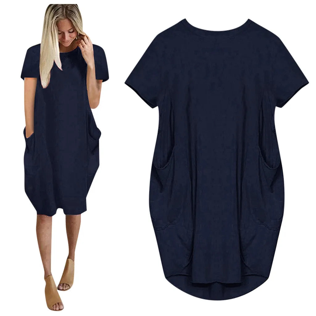 Short Sleeve  Round Neck Pockets Sexy Female Dress