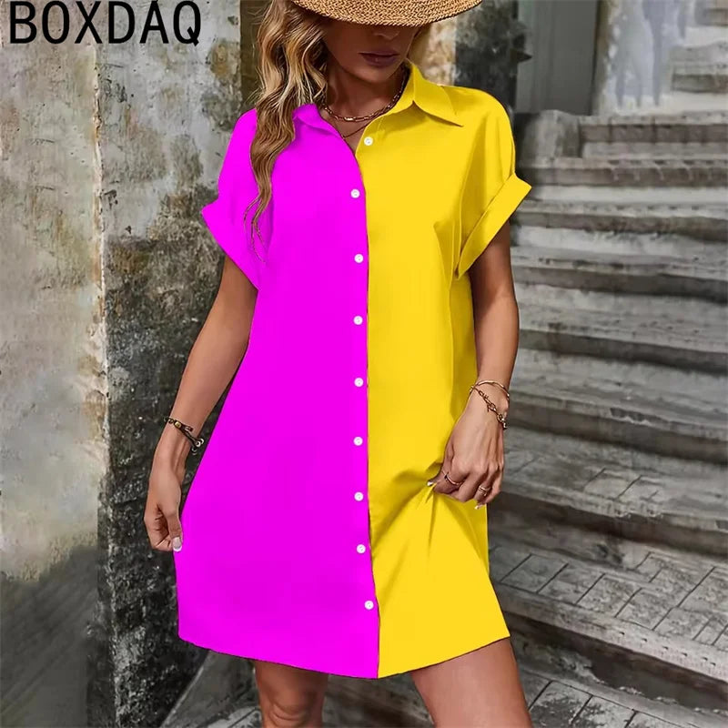 Two Tone Spliced Shirt for Summer Evening  Casual Dress