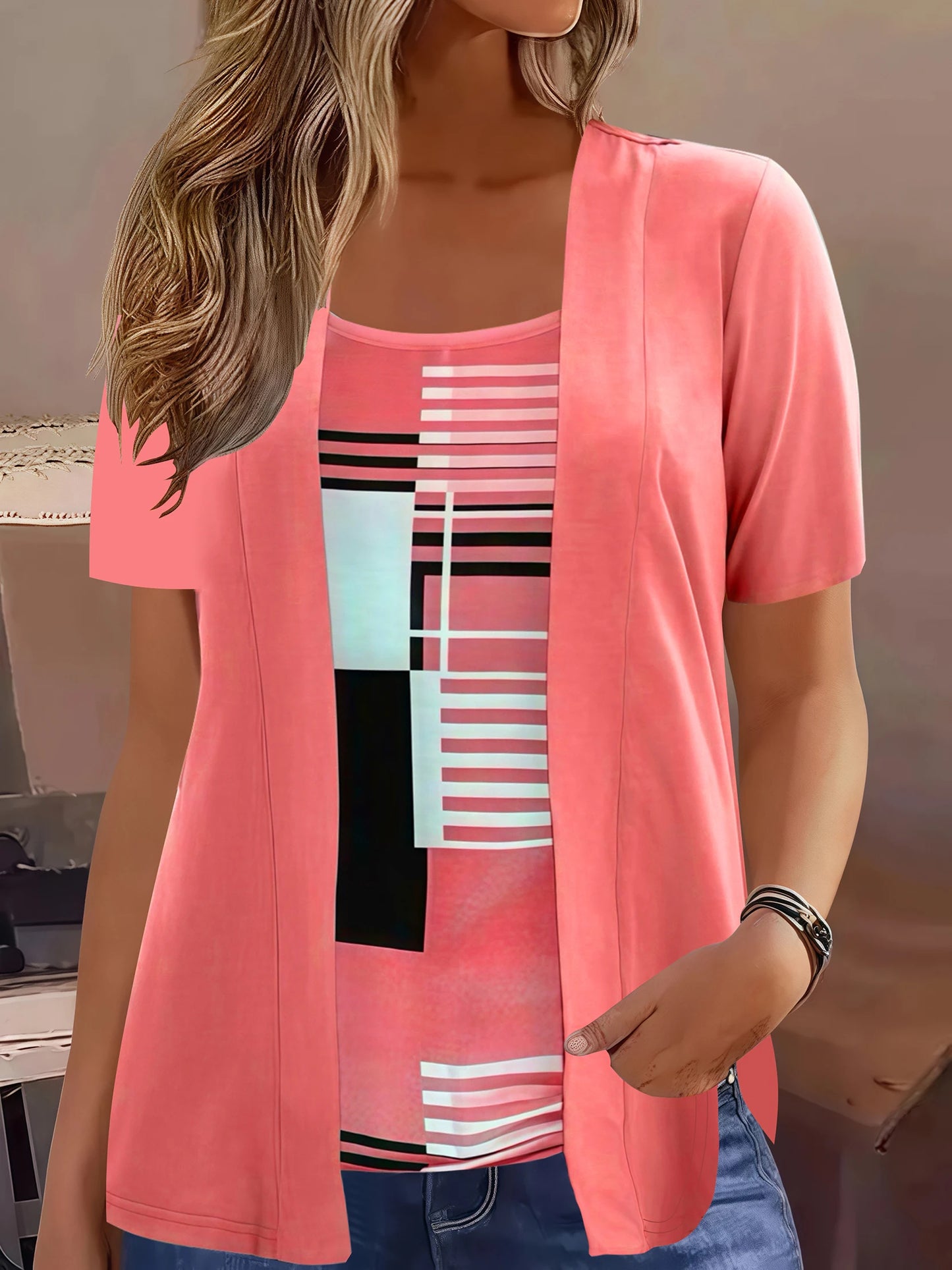 Elegant Geometric Print Mock Two-Piece T-Shirt  Summer Casual Top