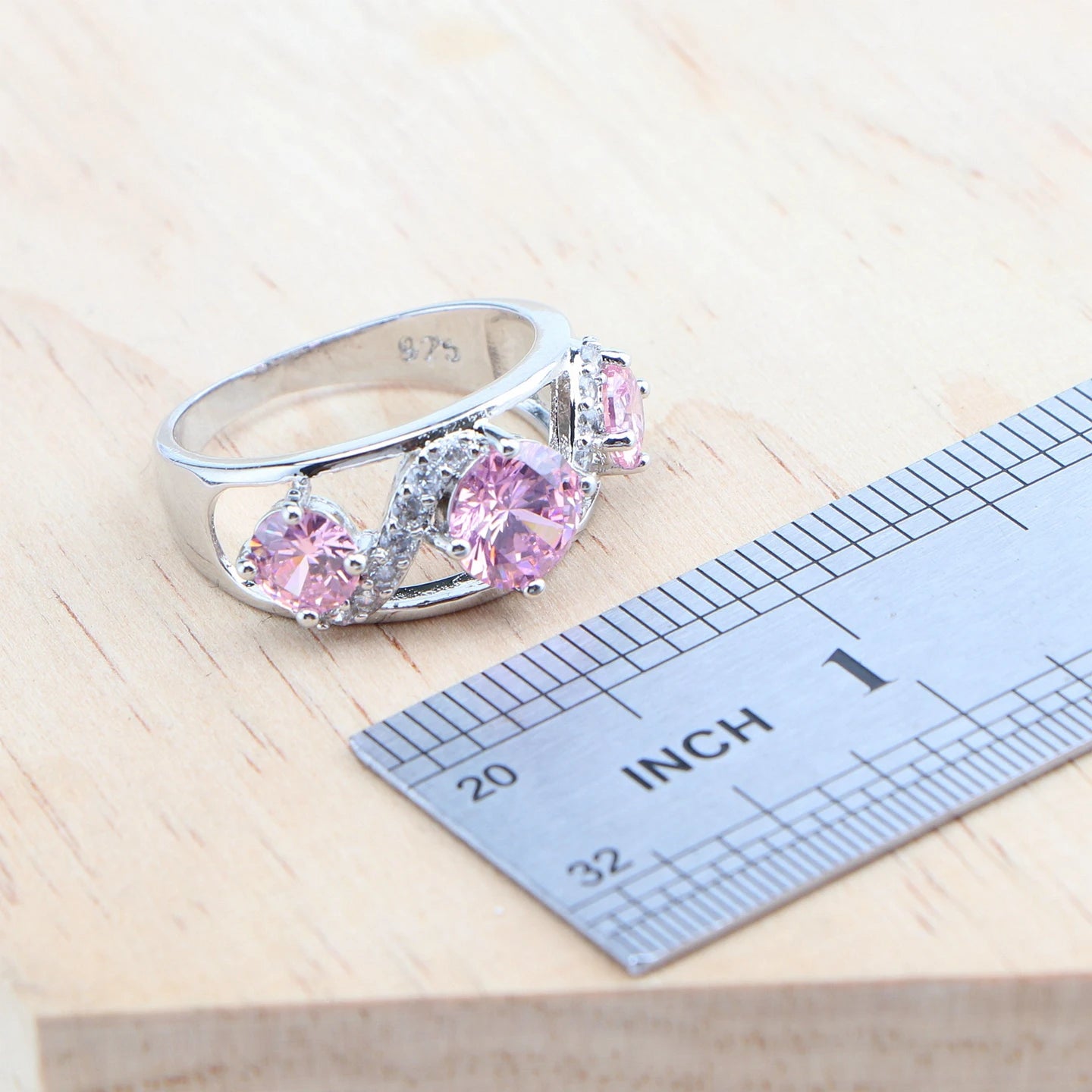 Round Pink Zircon Bridal Silver, Bracelets Earrings Rings Pendant Wedding Necklace 4Set