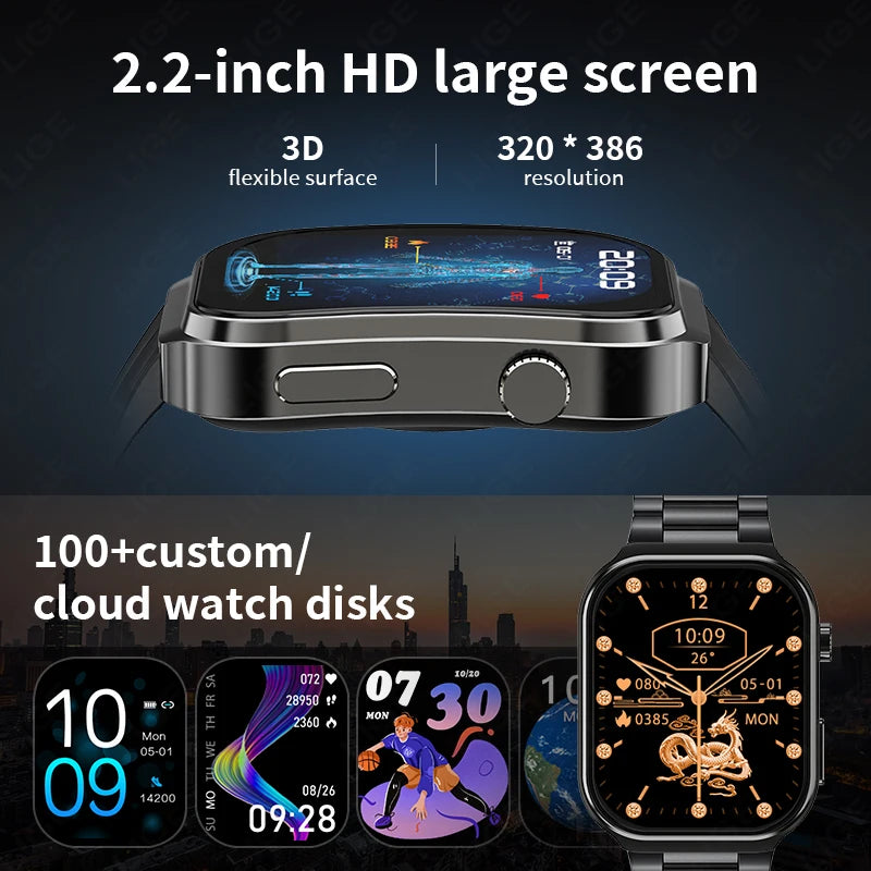 LIGE New AI Healthy Diagnosis Blood Lipids Uric Acid Smart Watch 2.2" Curved Screen Voice Bluetooth Call Health Smartwatch