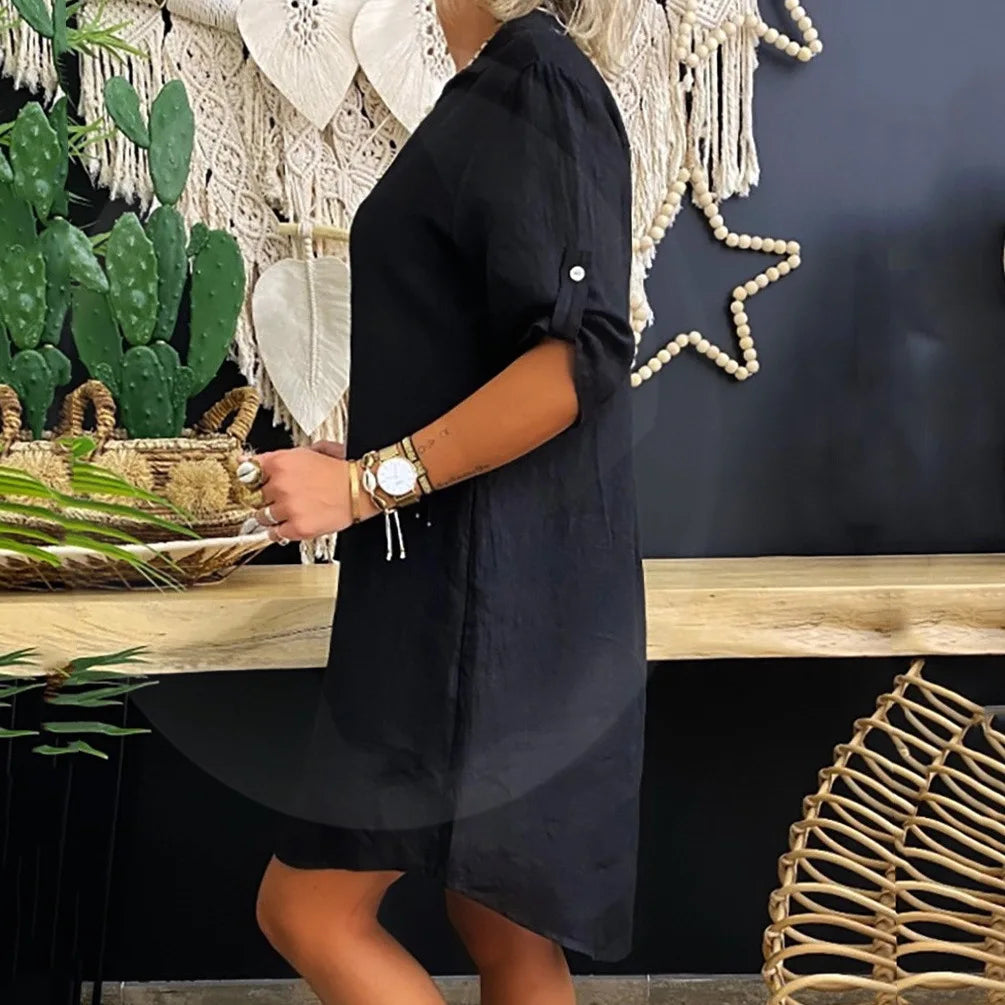 Blouse Dress Vintage Short Sleeve Loose Solid Mini Dress