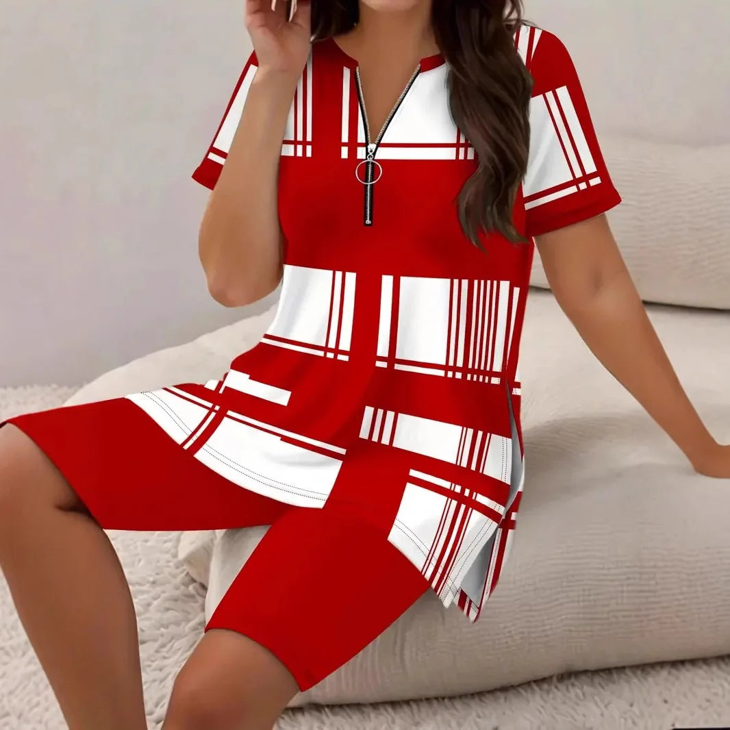 Short Sleeve Zipper Plaid 2 Piece Set Outfits for Summer