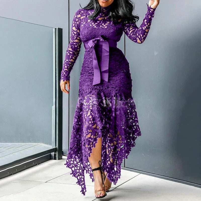 French Lace Bubble Sleeves Waist Cinching Slimming Dress Elegant Long Dress