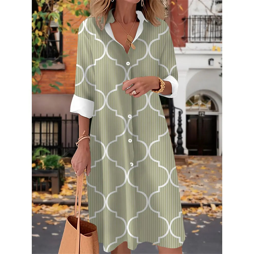 Printed V Neck Long Sleeves Button Sexy  Beach and Party Dress