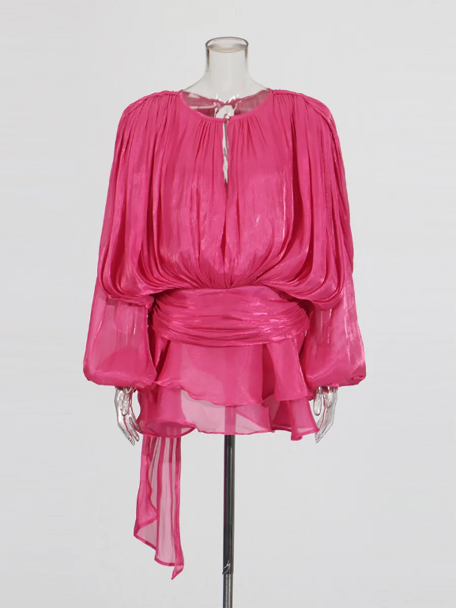 Solid Blouse Mini  V Neck Long Sleeve Spliced Lace Up Sweet Style Dress