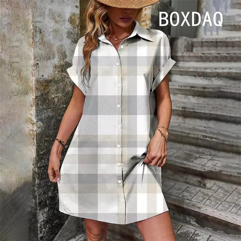 Elegant Vintage Striped Print  Short Sleeve With Button  Dress