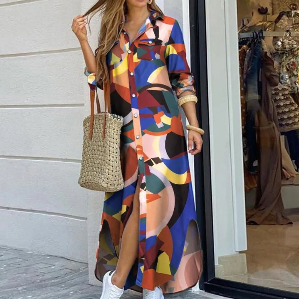 Long Sleeve  Pocket Button Print Shirts Dress