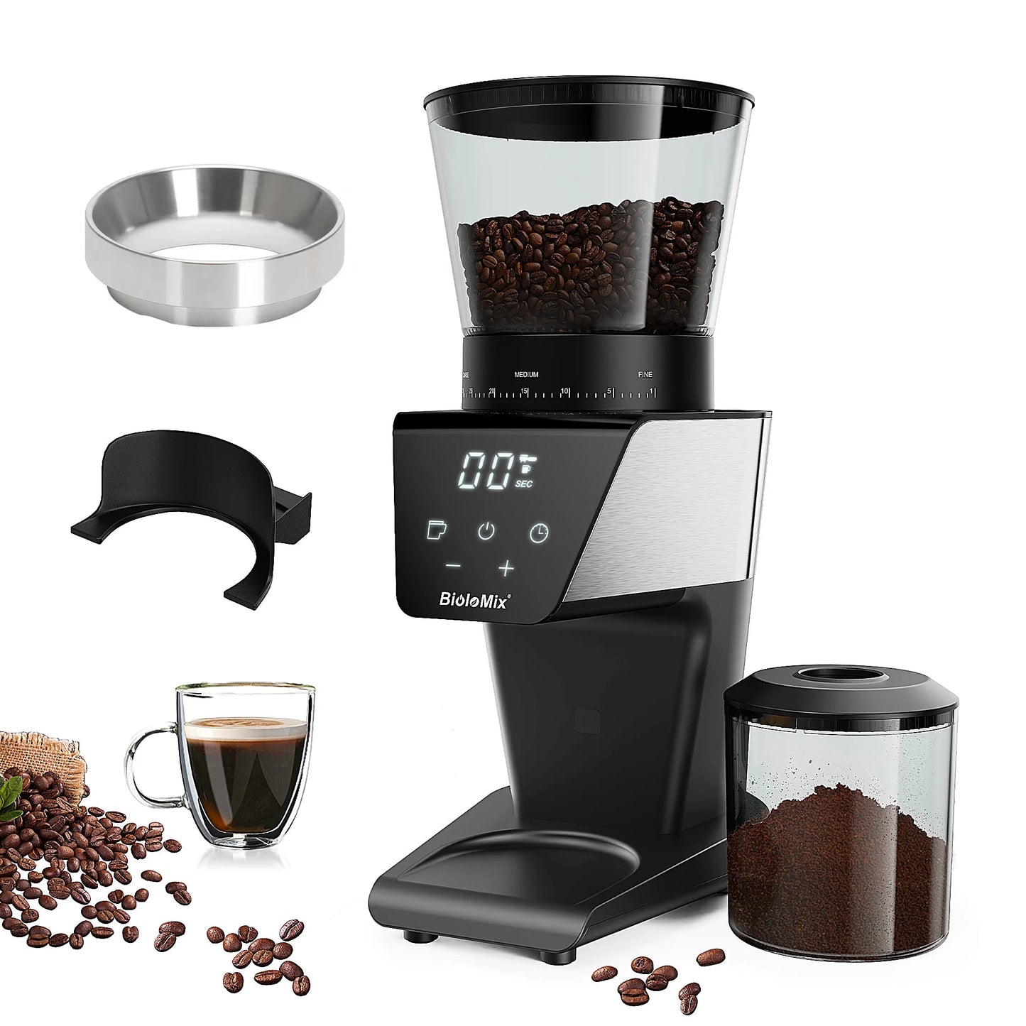 BioloMix Electric Coffee Grinder with Magnetic Ring - 30 Precise Grind Settings for Espresso, American, and Pour Over Coffee, Au