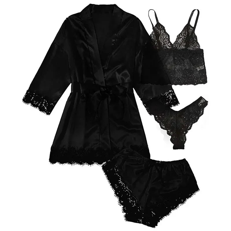 4 Pieces Woman Sleepwear Pijamas  Sexy Lace Lingerie Bathrobe Silk