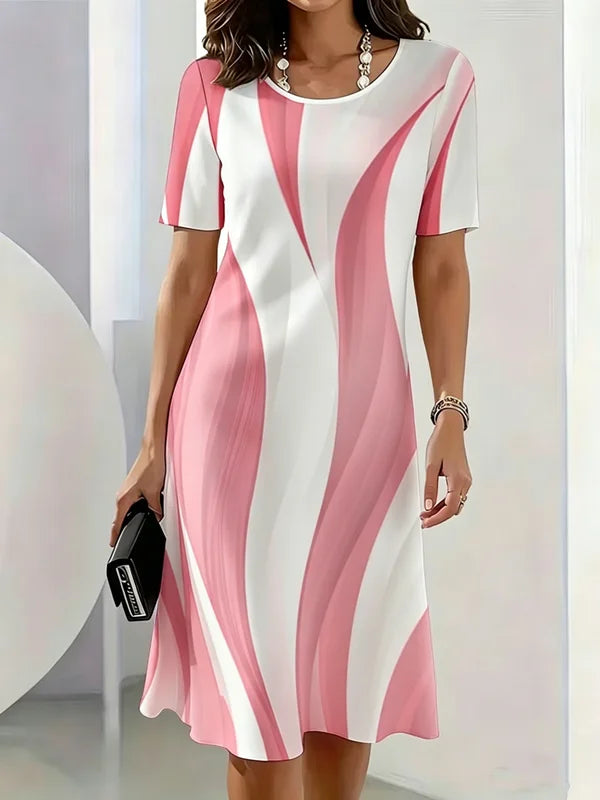 Gradient Striped Pattern Printed Short Sleeve O-Neck Dress
