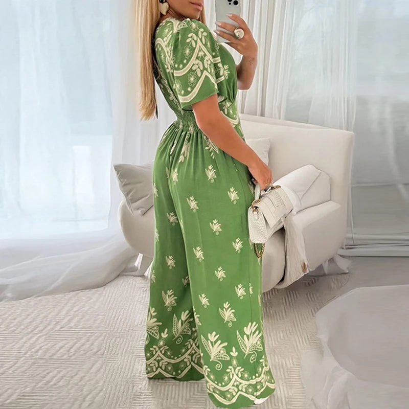 Vintage V Neck Long Pants Bohemian Printed High Waisted Loose Jumpsuit