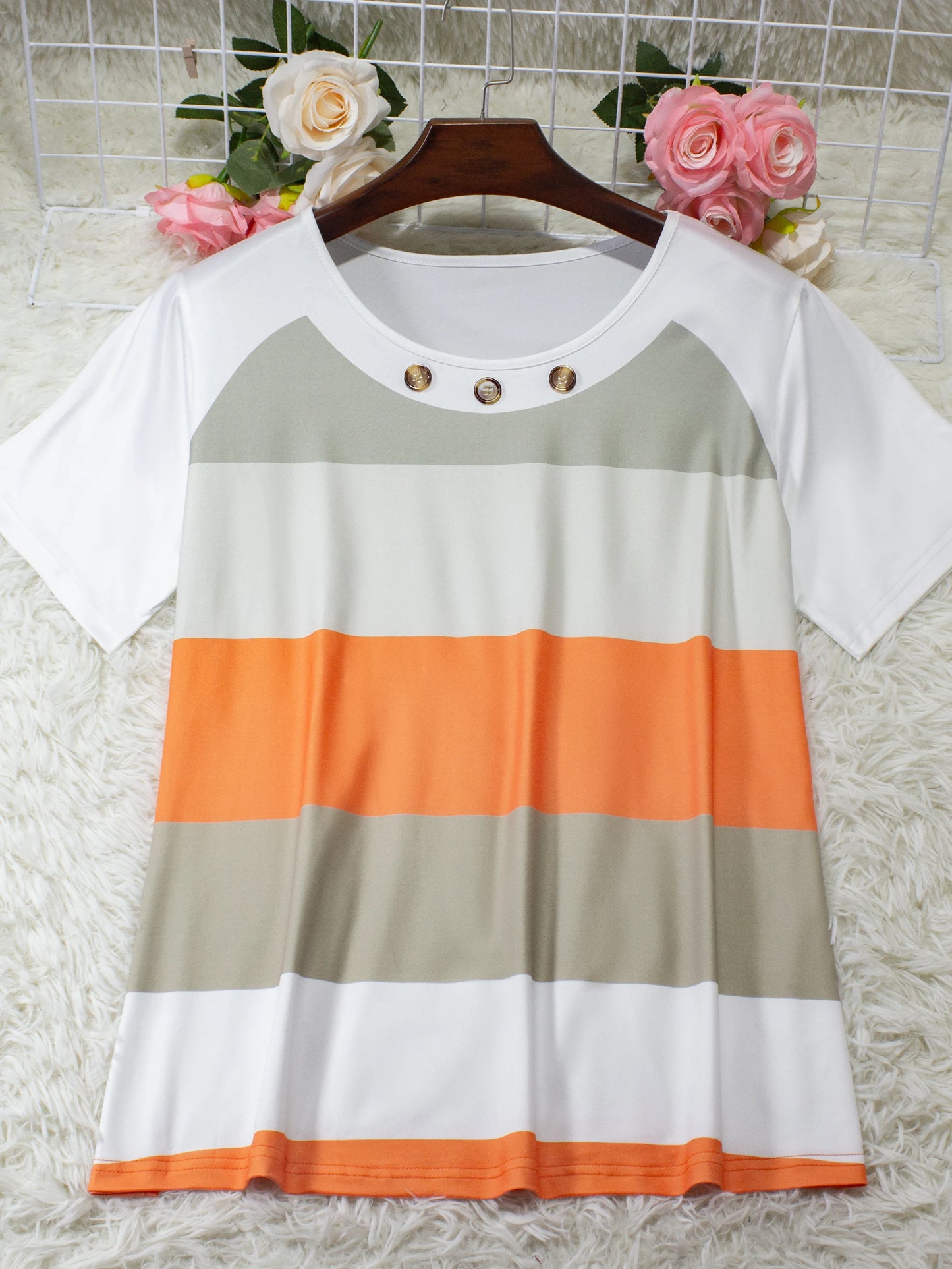 Women's Round Neck T-Shirt - Elegant Striped Print & Button Detail Short Sleeve Top