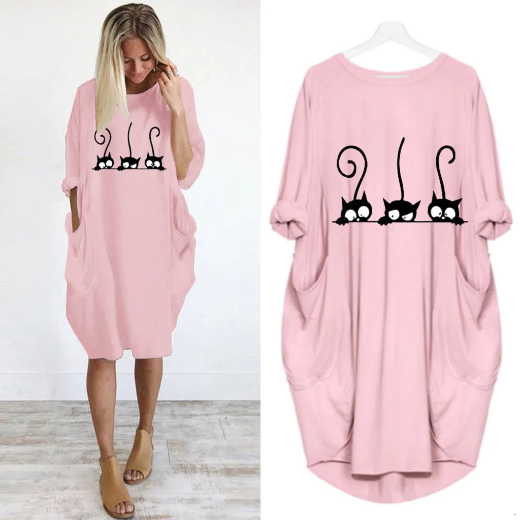 Plus Size Dress Autumn  Winter Casual Round Neck Solid Color Long Sleeve Pocket  Pullove Dress