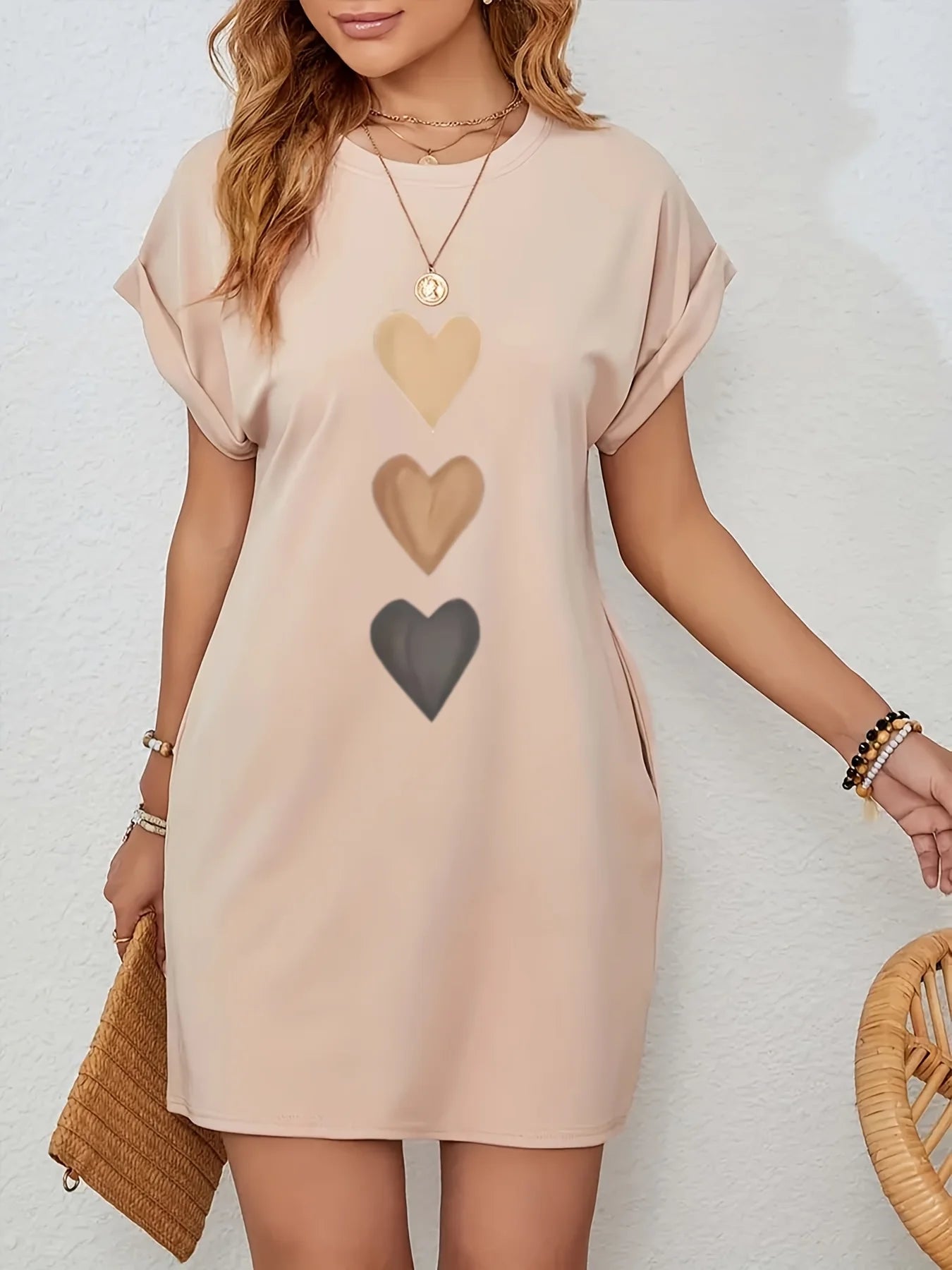 Knit TShirt Dress with Heart  Print Crew Neck Short Sleeve Fashionable