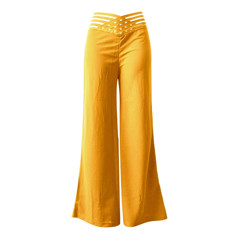Fashionable Trendy Women's Hollowed Out Waist Belt High Waisted  Wide Leg Pants