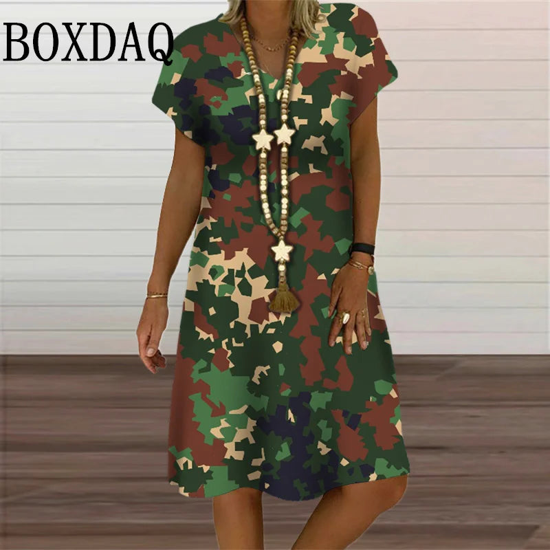 Camouflage Print Midi Dress V-Neck Summer Clothing
