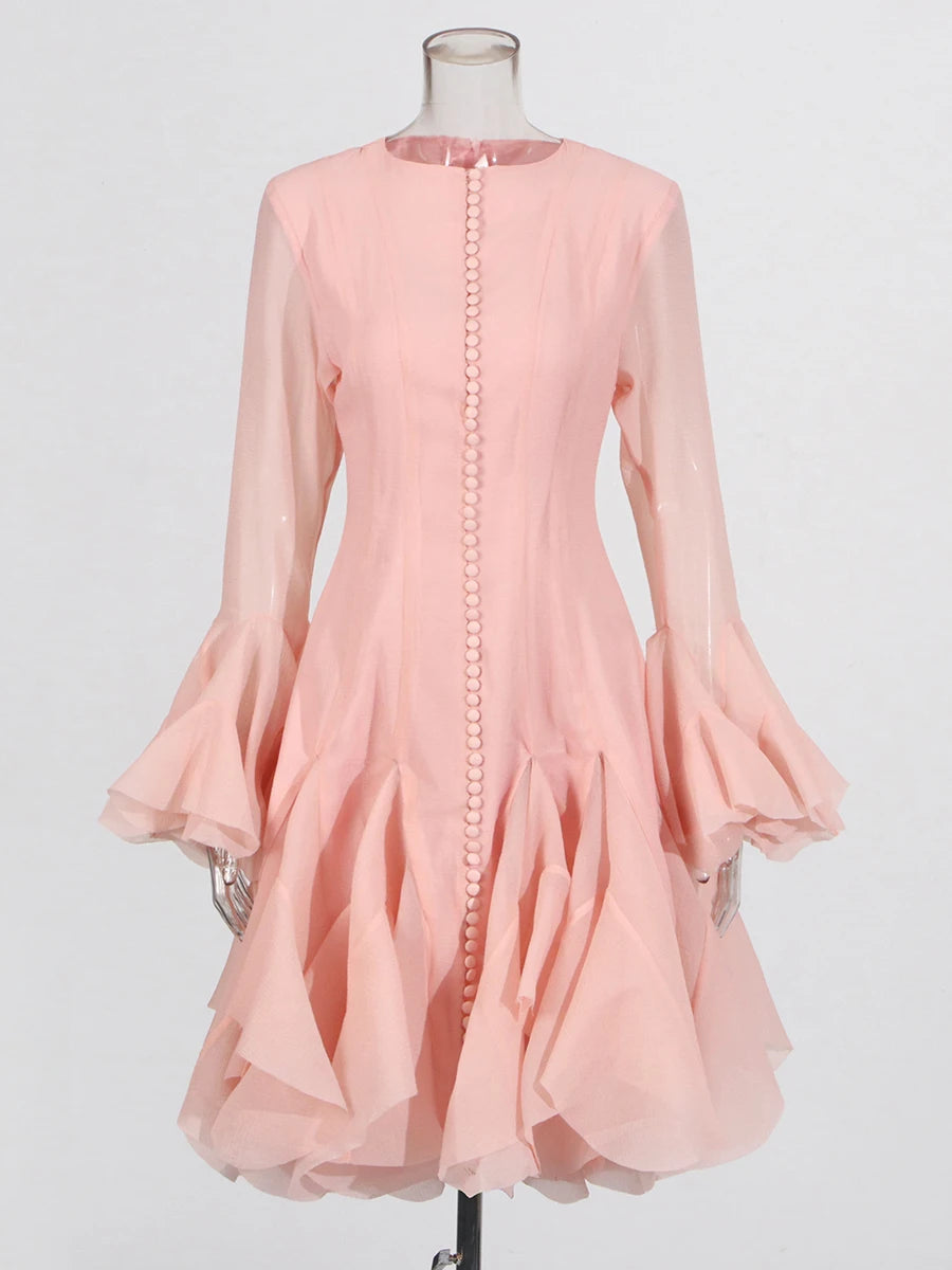 Pleated Patchwork Fashion Long Lantern Sleeve Waist Cinching Mini Dress