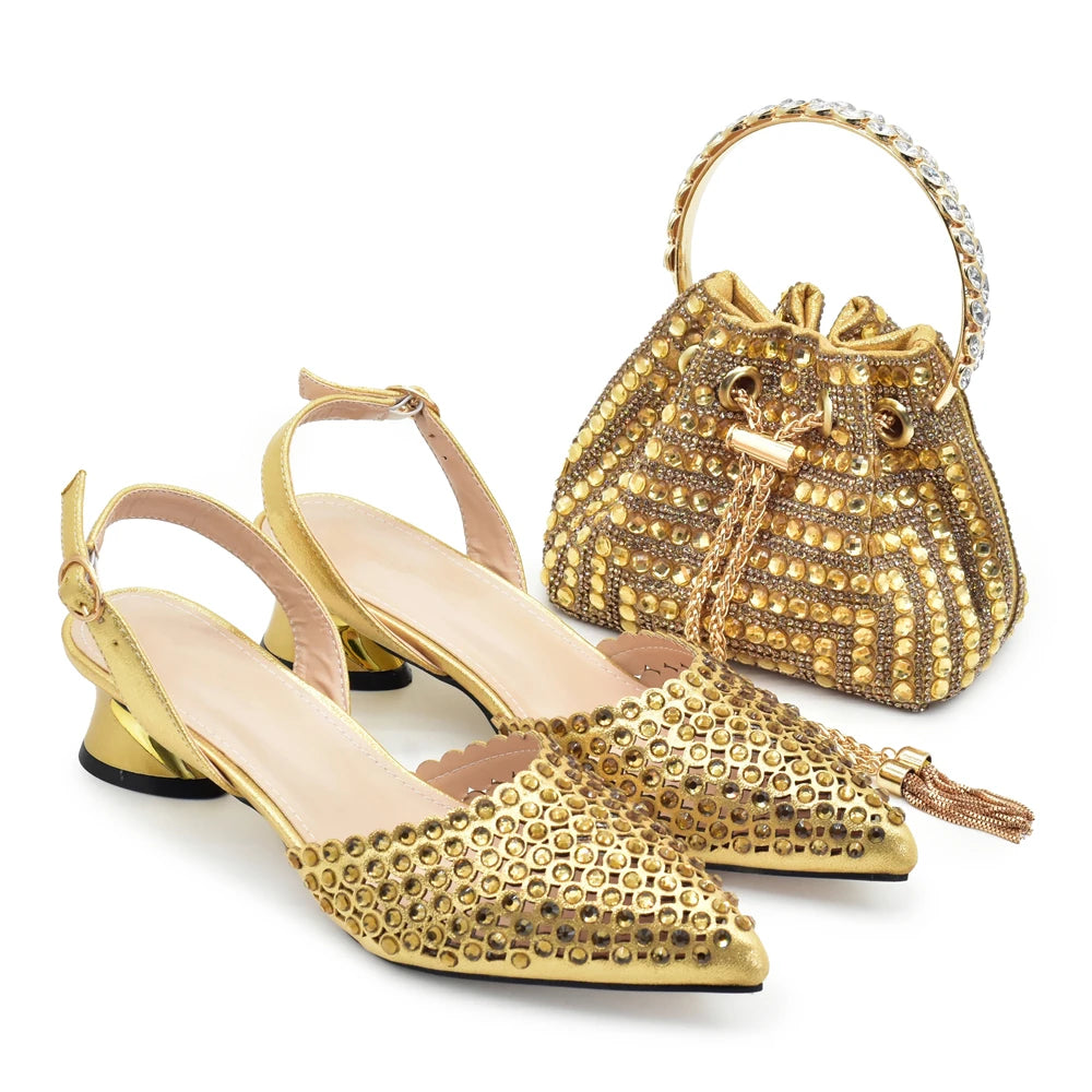 Italian Shoes with Matching Bags Set Decorated with Rhinestone