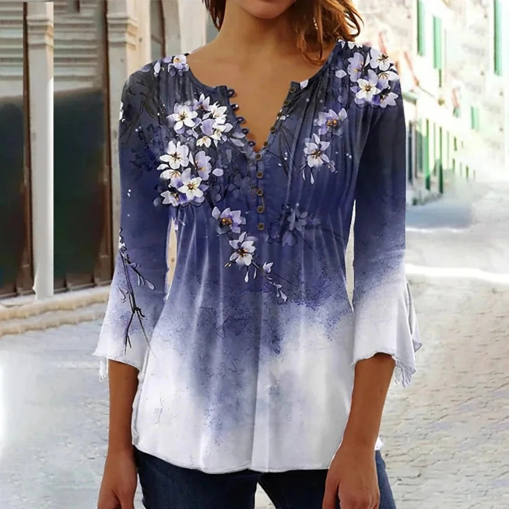 Summer Street Fashion Button-Down Comfortable Seven-Quarter Sleeve Top