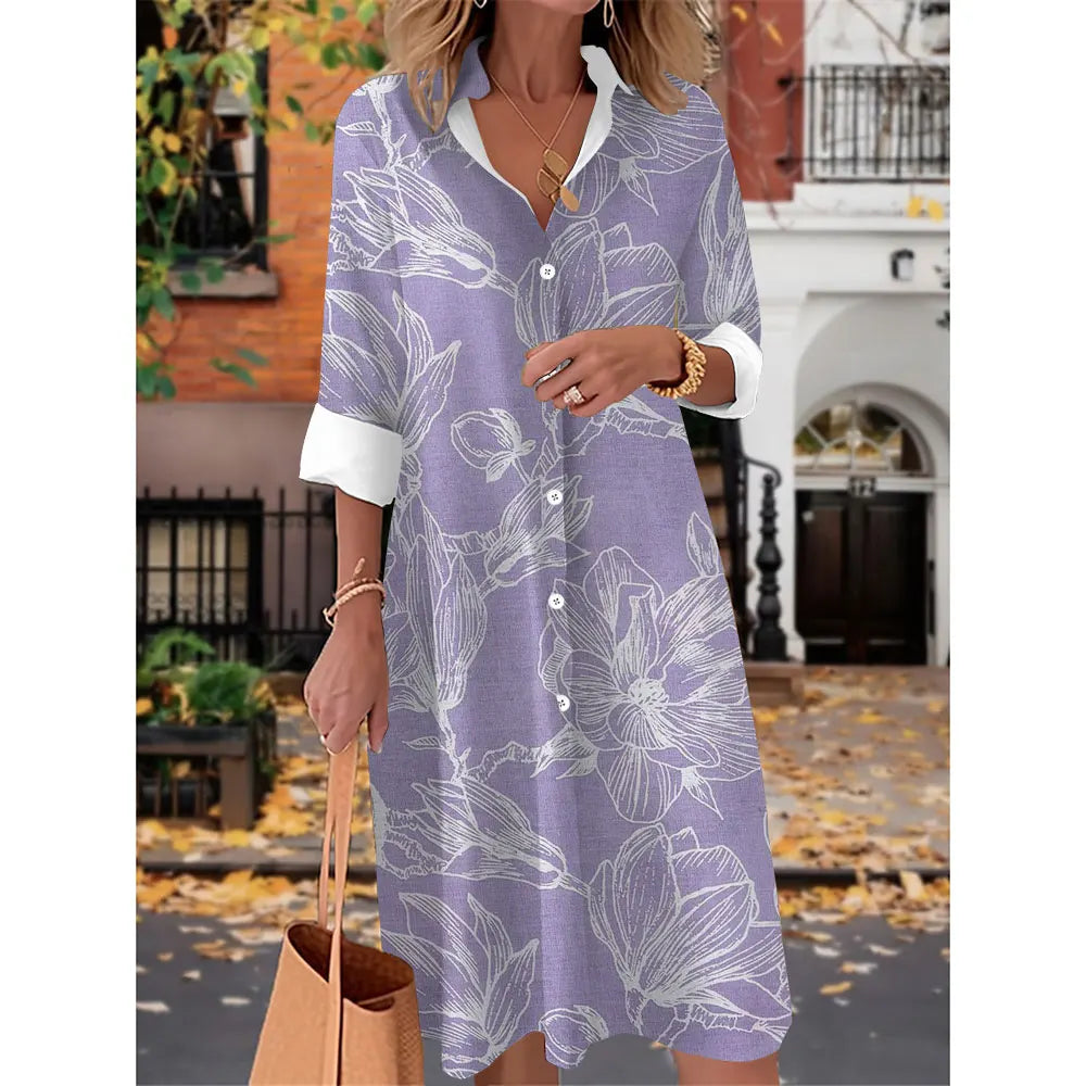 Printed V Neck Long Sleeves Button Sexy  Beach and Party Dress