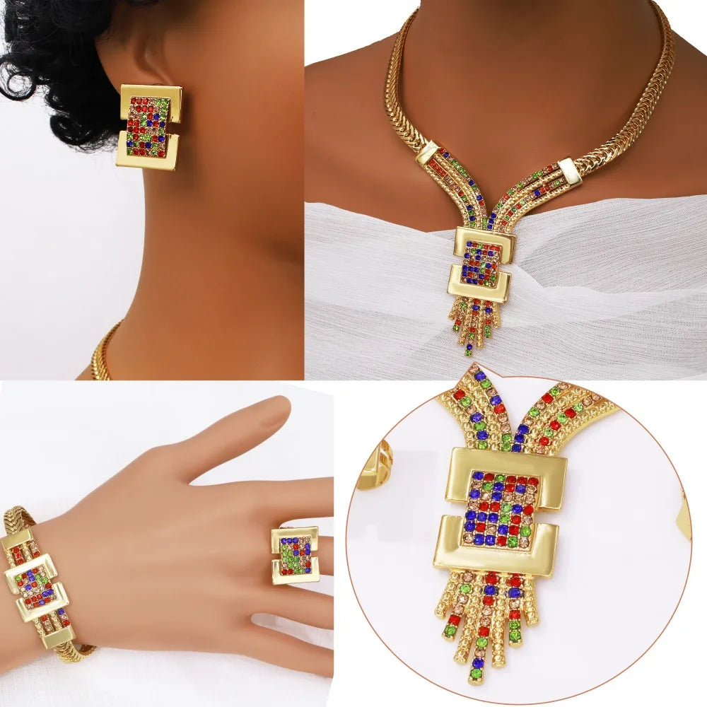 Gold Plated Jewelry Set Charm Necklace Bracelet Earring Ring