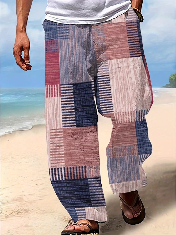 Summer Oversized New Men's Bohemian Wide Leg Pants 3D Retro Splicing Printed Loose Casual Beach Pants