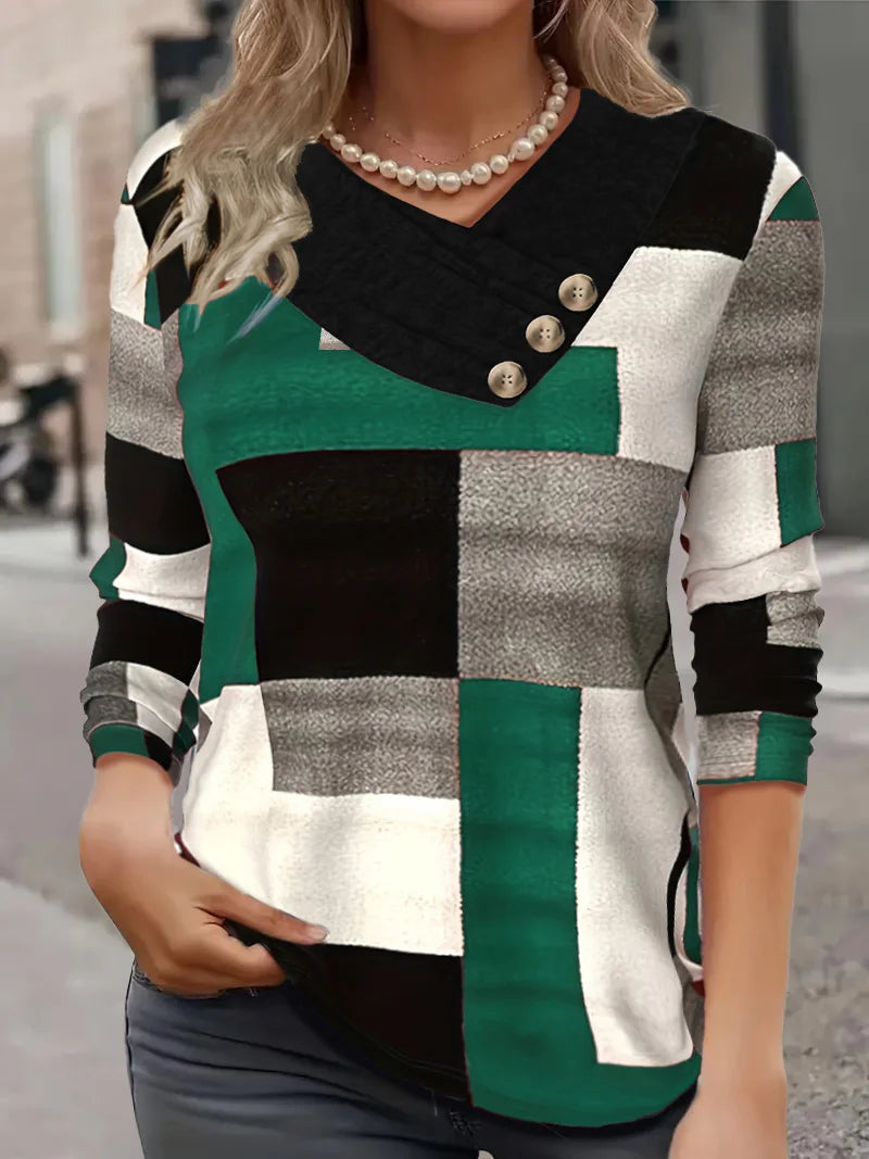 fashion plaid print V-neck button plus size women's long sleeve t-shirt