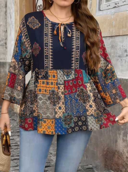 Print V-Neck Tie-Waist 3/4 Sleeve Plus Size Women's T-Shirt - Elegant Ethnic Blouse