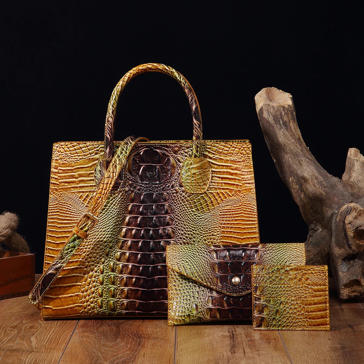 3 set Crocodile Pattern Handbag & Purses Set, Multi-functional Vintage Top Handle Crossbody Bag & Business Clutch Bag