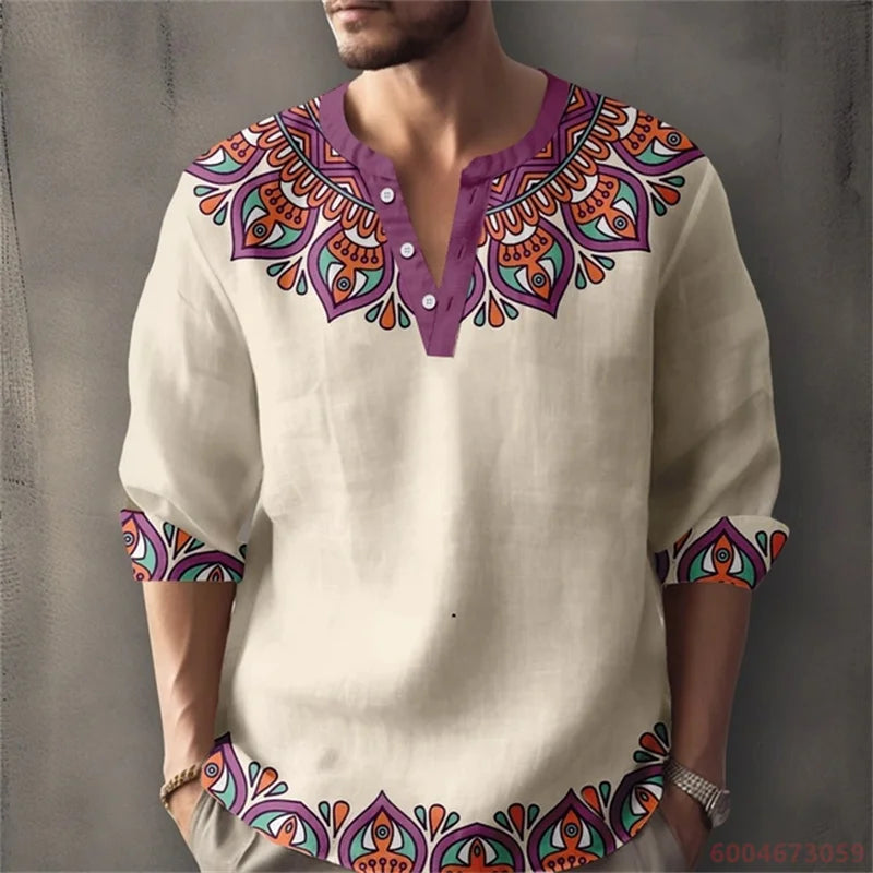 Long sleeved shirt for summer vacation, a color-blocked geometric print and Henley collar