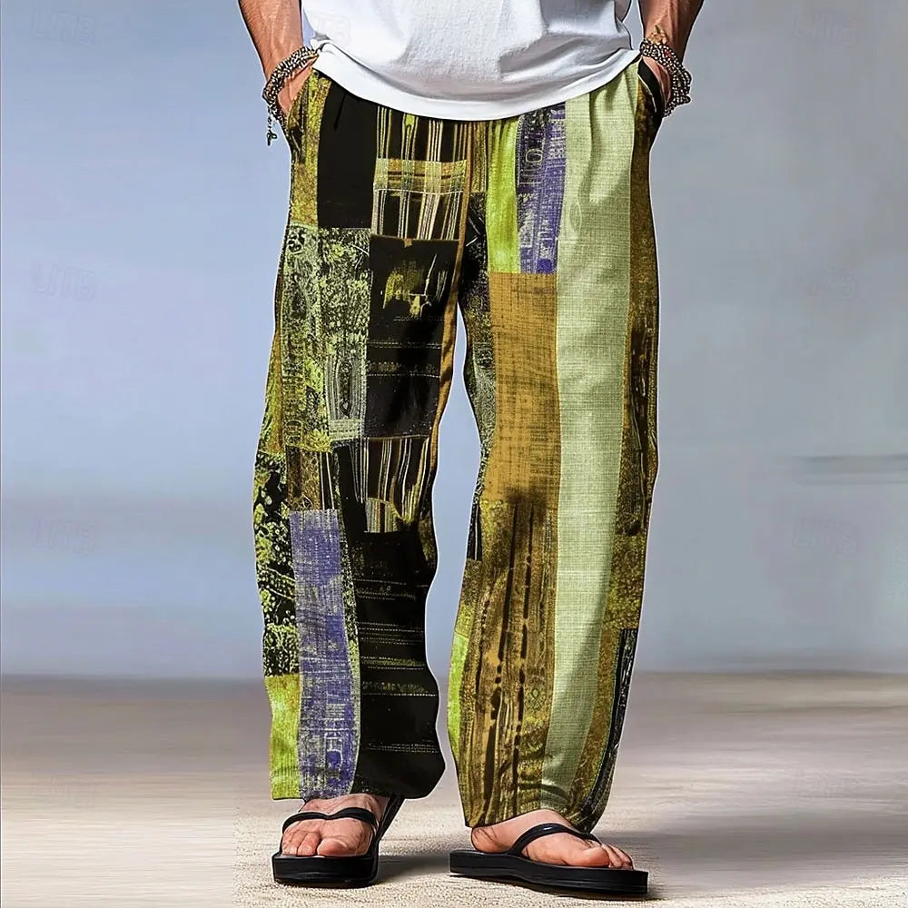 Block Patchwork  Trousers Mid Waist Drawstring Elastic Waist Straight Leg Trousers