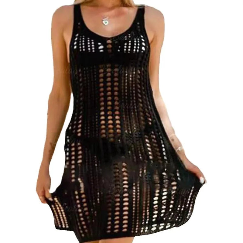 Beach Wear Solid Color Sun Protection Hollow Bikini Knitted Sexy Dress