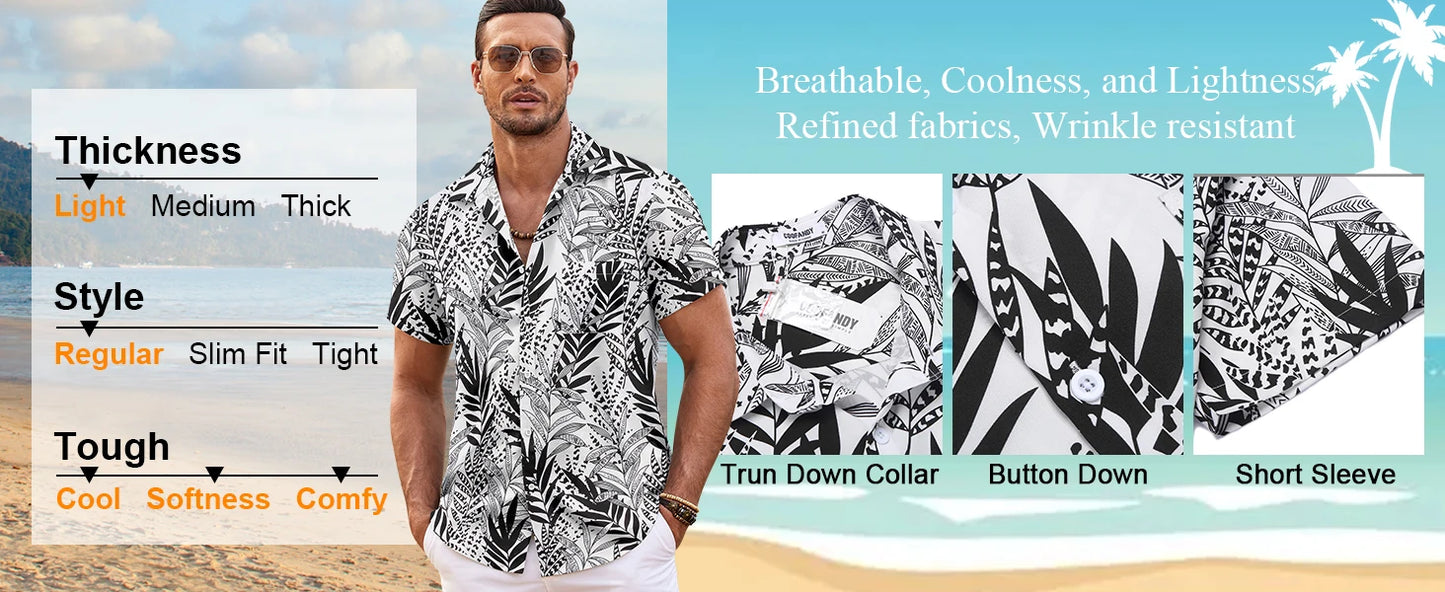 Men's Summer Patchwork Printed Button  Sleeve Shirt Tropical Vacation