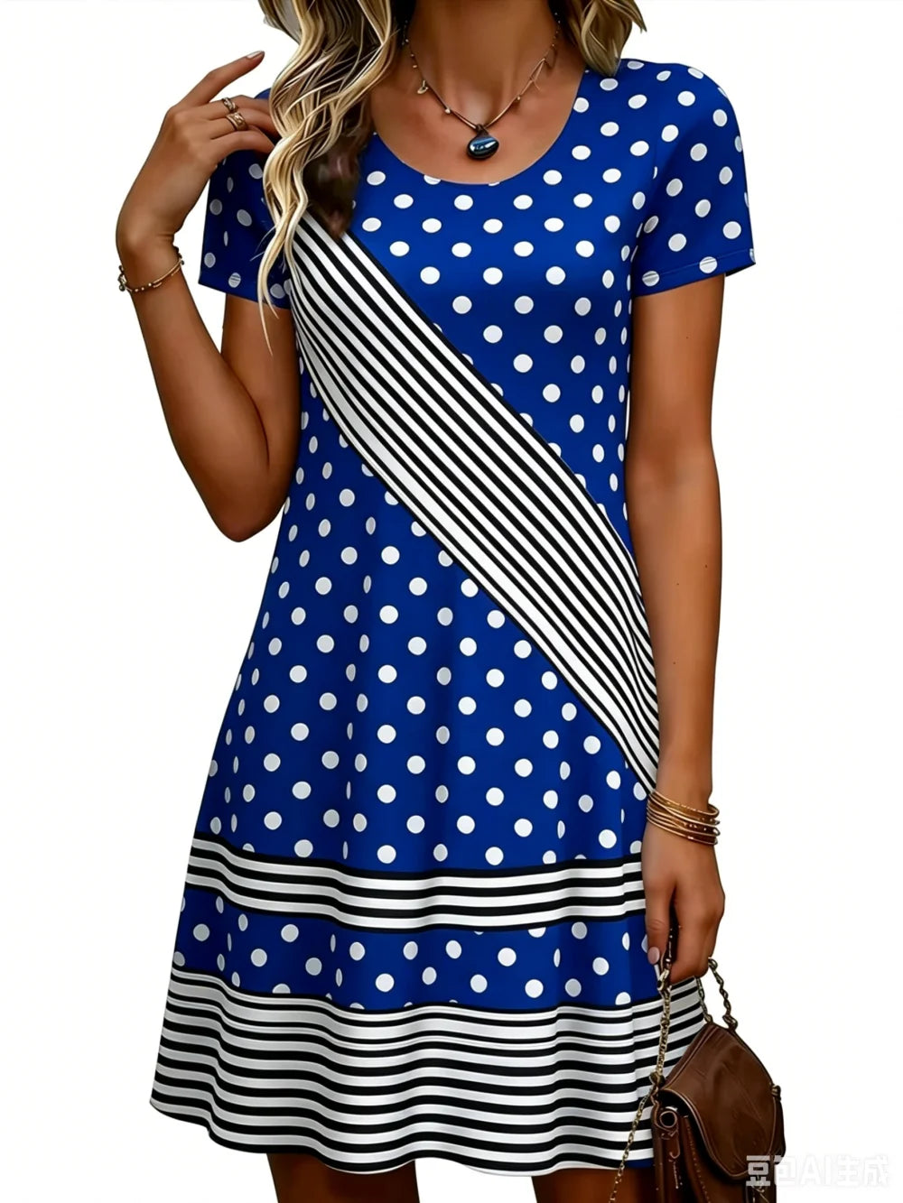 Striped Polka Dot Simple Printed Short Sleeve Dress
