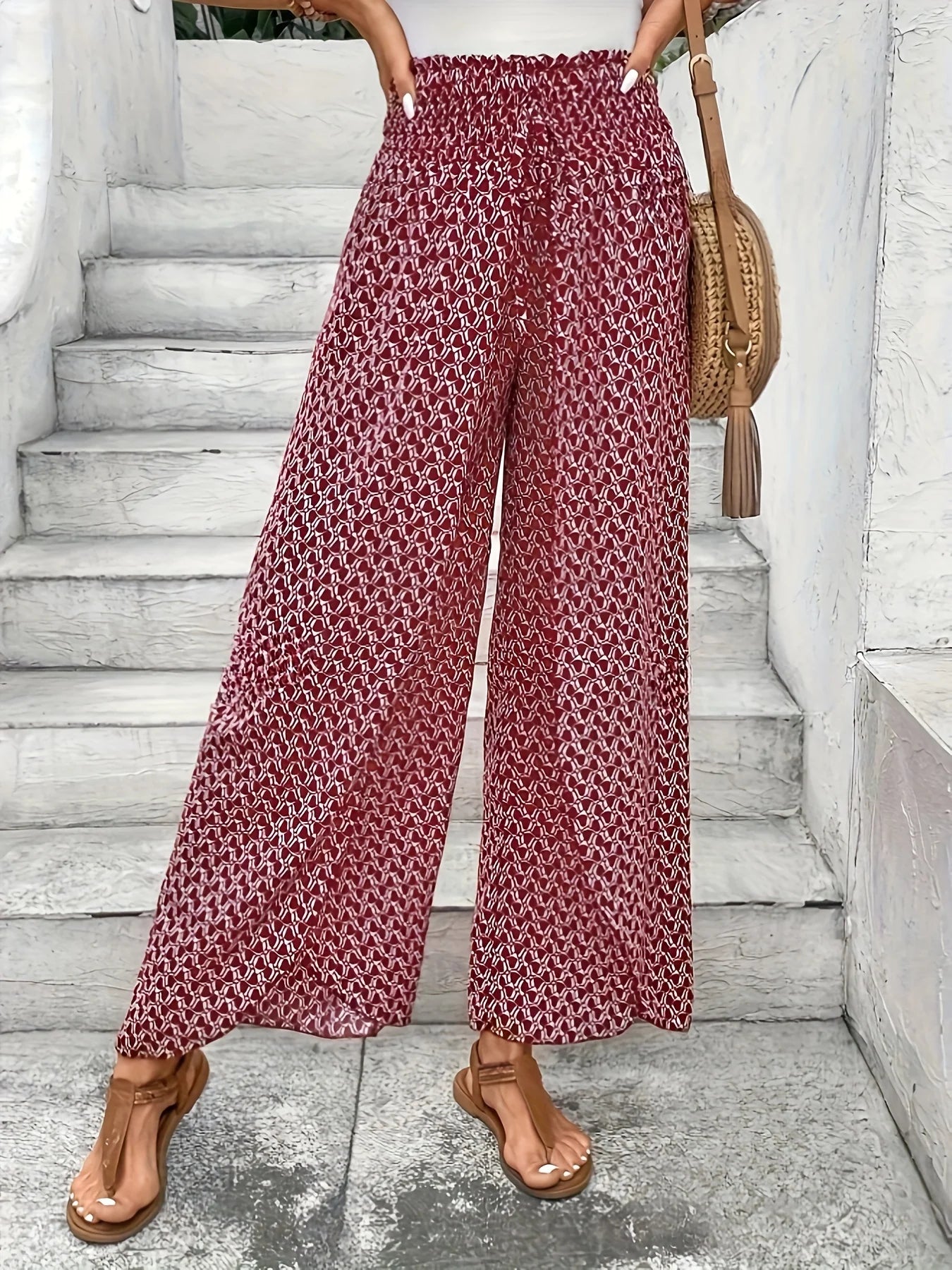 Spring Summer Women Elegant Wide Legs Pants Casual Vacation Beach Print Trousers