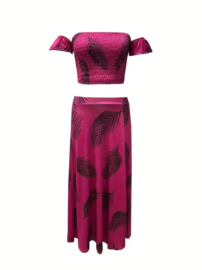 Bohemian Two-piece Set Women's Off-shoulder Elastic Solid Color Vest With feather Print High Waist Slit Skirt Set