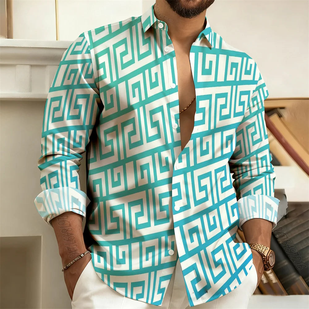 Long-Sleeved Polo Shirt, Vintage Print Style with Greek Key Pattern