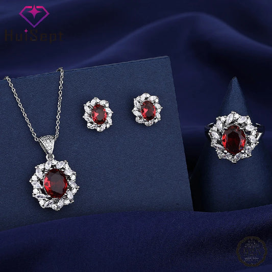 Trendy 925 Silver Jewelry Sets Ring Earrings Pendant Necklace with Ruby Zircon Accessories for Wedding Party Gifts