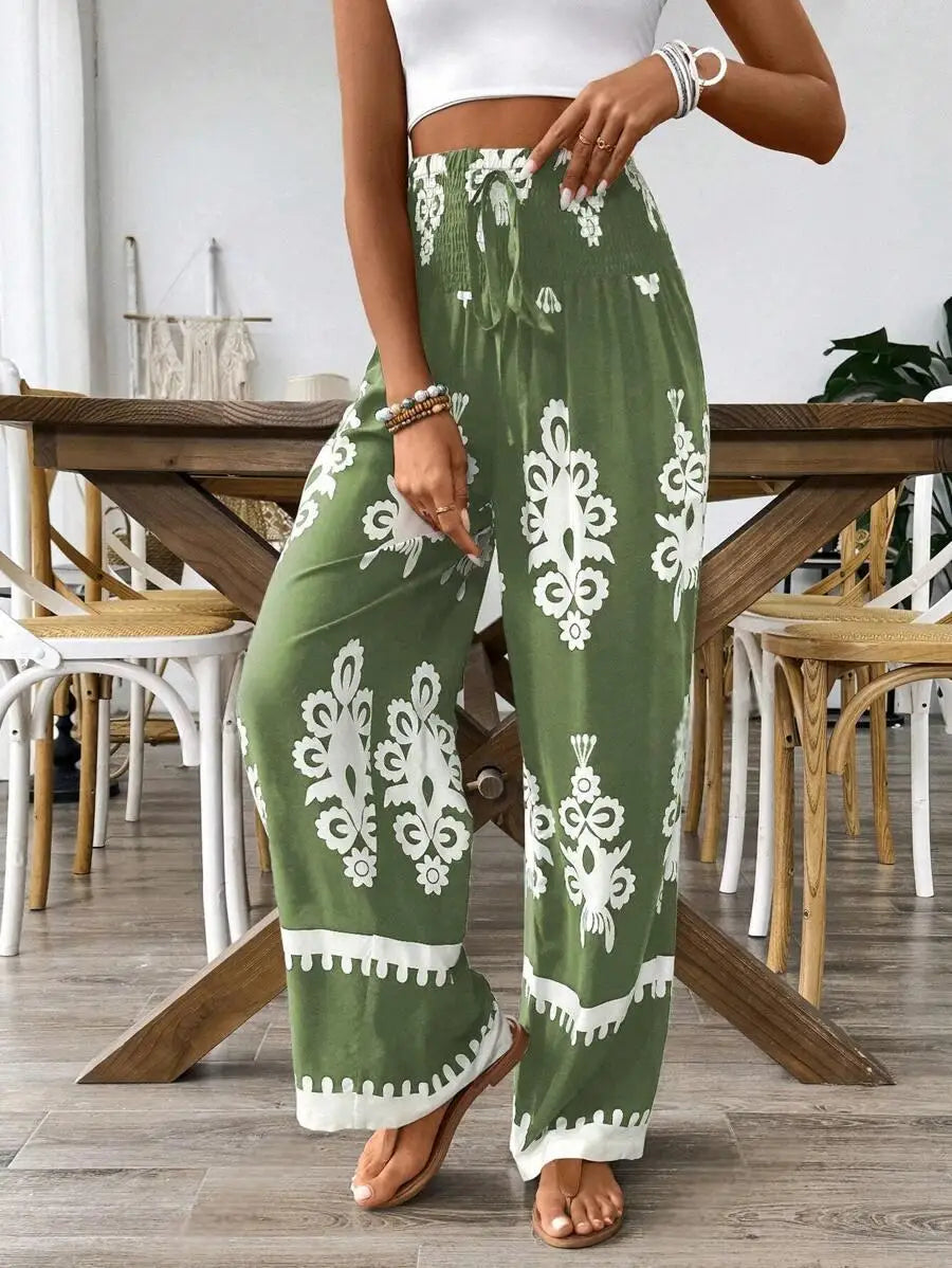 Fashionable High Waist Printed Wide Leg Casual Pants Spring Summer